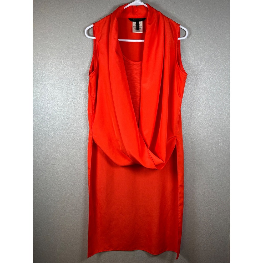 BCBGMAXAZRIA Women's Medium Orange Sleeveless Drape Neck Hi Low Tunic Top